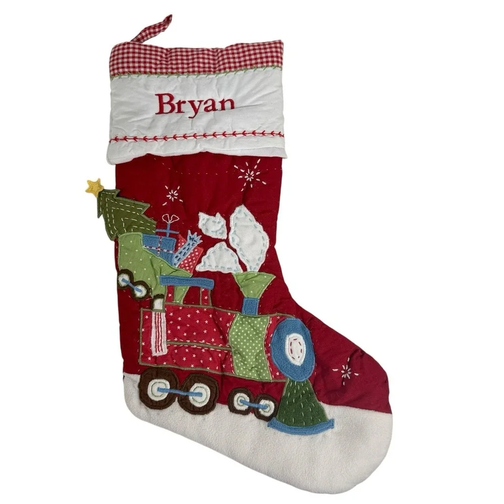Pottery Barn Kids Quilted‎ Train Trees Gingham Christmas Name Bryan Stocking